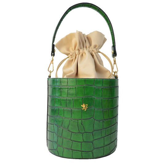 Pratesi Secchiello Lady bag K335 in genuine Italian leather - Croco Embossed Leather Emerald