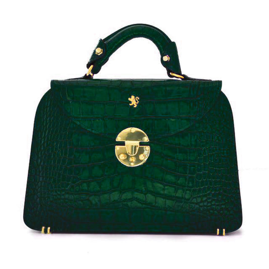 Pratesi Veneziano Small King Handbag in genuine Italian leather - Croco Embossed Leather Dark Green